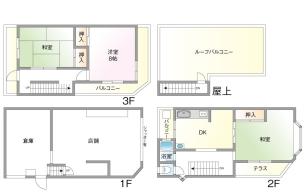 1階は倉庫・店舗、2階・3階住居、店舗付き住宅、鉄骨造、角地 間取り