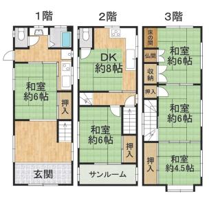 朝潮橋駅7分、2世帯住宅可、鉄骨造3階建、5DK、6m道路 間取り